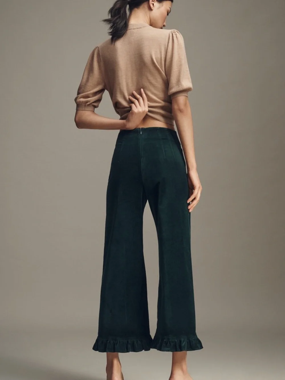 Anthropologie Maeve The Colette Crop Velvet Ruffle-Hem Pants 29 Dark Hunter NWT - Picture 3 of 10